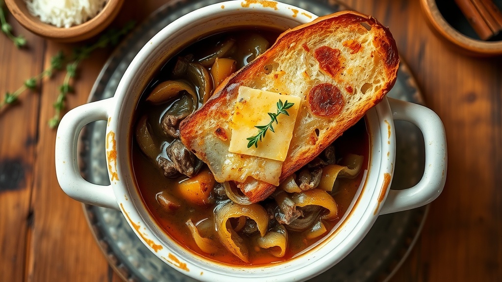 Classic French Onion Soup Recipe A hearty bowl of French Onion Soup with onions in broth, topped with toasted baguette and melted cheese, served on a rustic table.